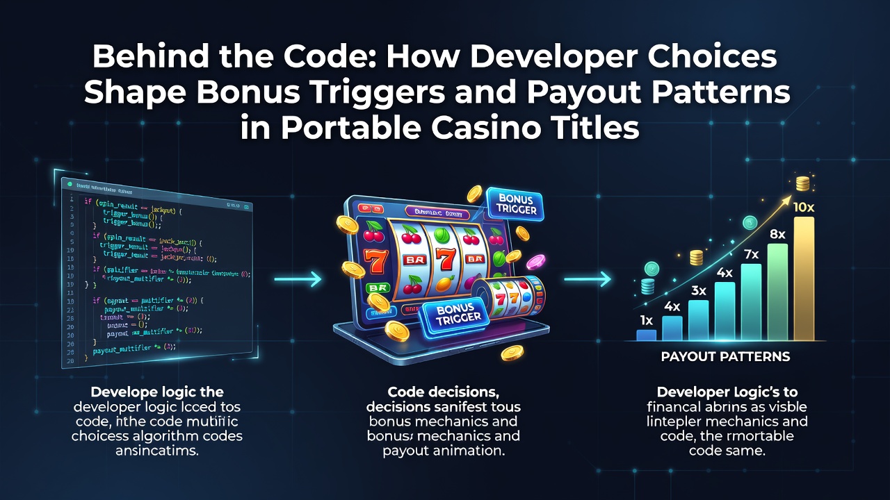 Developer reviewing code for mobile slot bonus trigger algorithms on a laptop screen