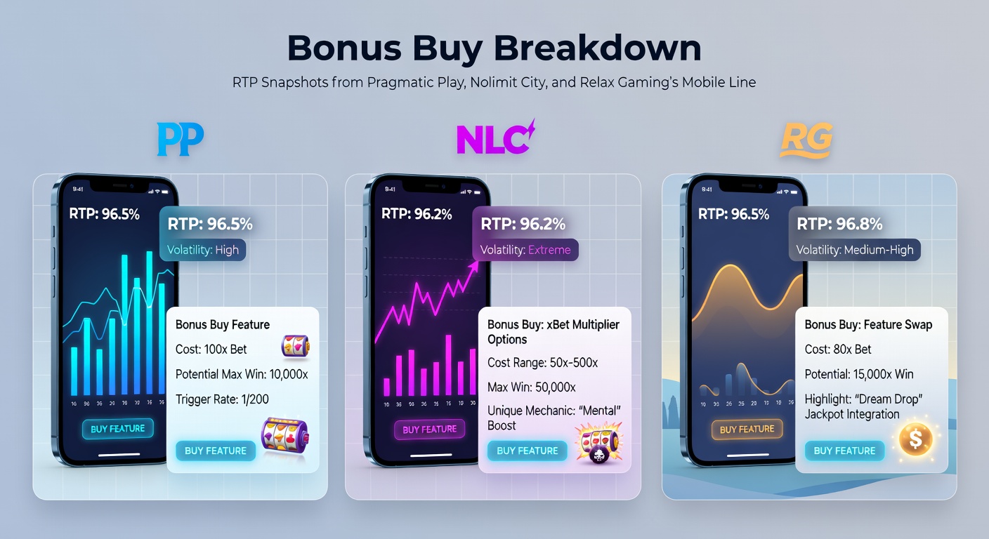 Nolimit City mobile slot displaying intense bonus buy menu with RTP stats, fiery animations, and multiplier ladders