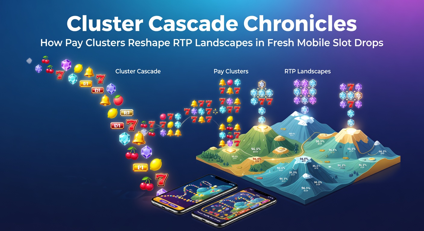 Vibrant cluster pay slot interface showing cascading symbols forming winning clusters on a mobile screen, with glowing RTP metrics overlaid