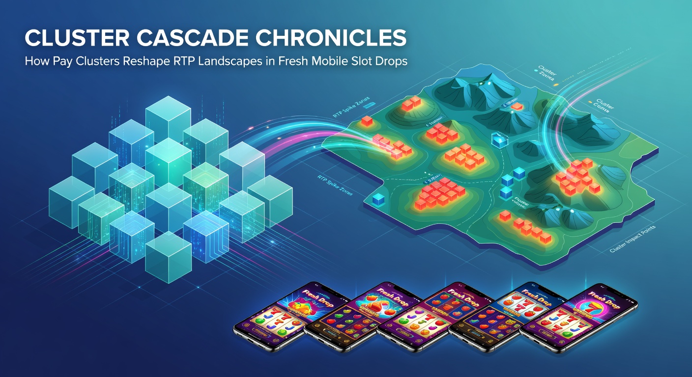 Animated cascade sequence in a cluster pay mobile slot, with exploding symbol clusters and new symbols tumbling in, RTP calculator visible in the corner