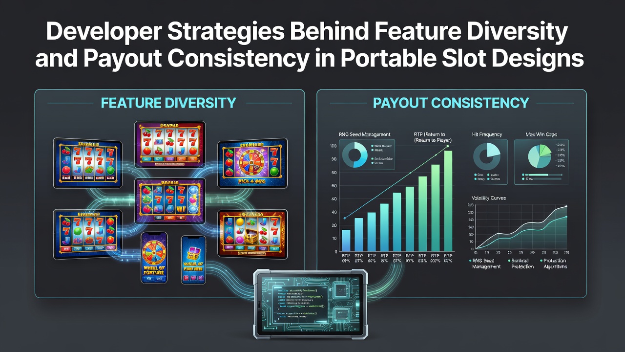 Developer team reviewing portable slot feature prototypes on multiple devices