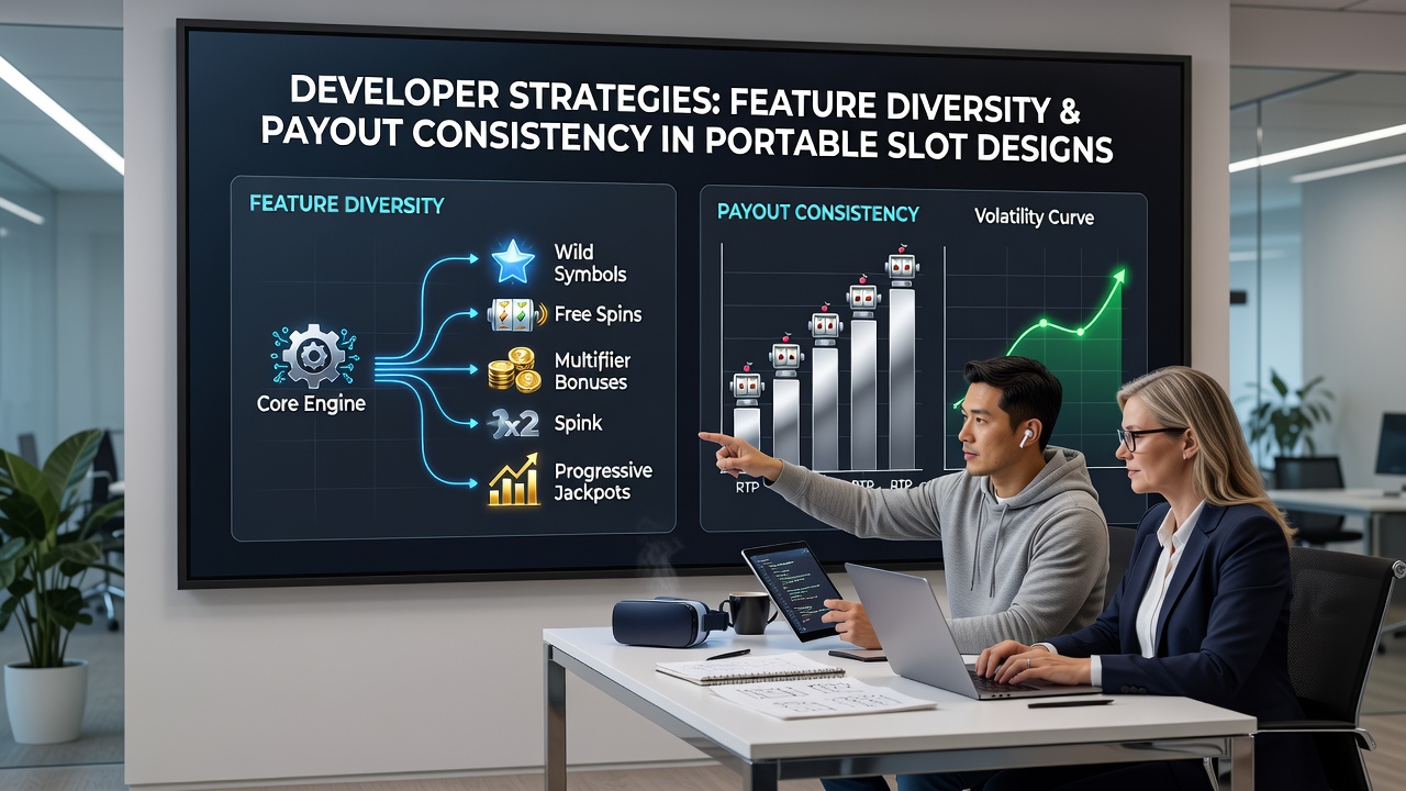 Mathematical charts and payout distribution graphs displayed during slot development review