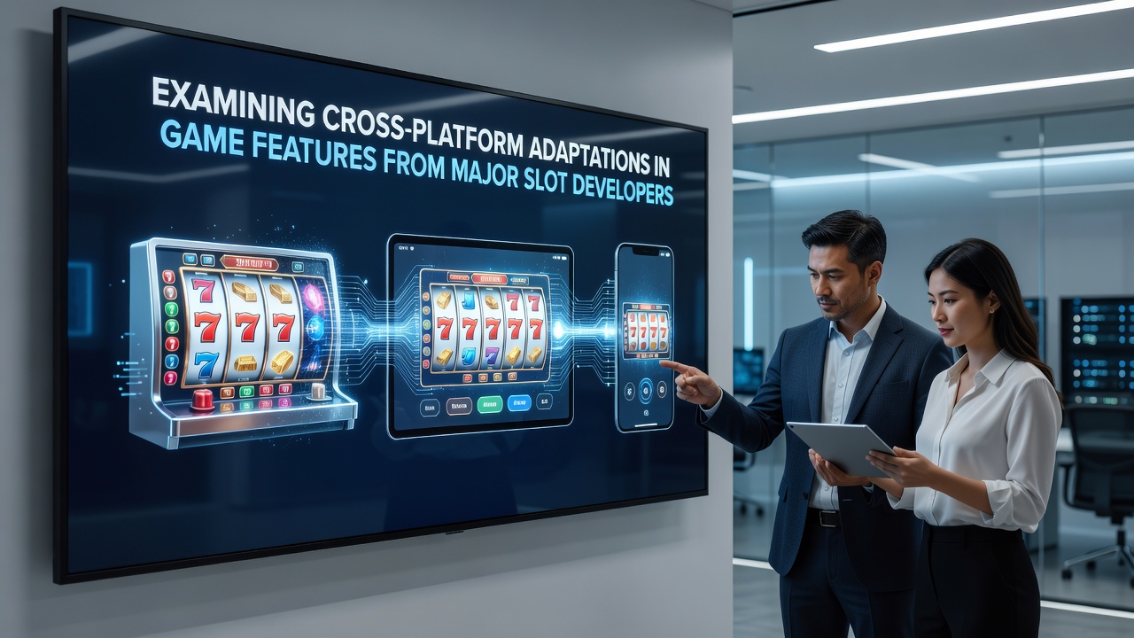 Cross-platform slot game interfaces displayed on desktop, mobile, and tablet screens showing adapted bonus features and controls