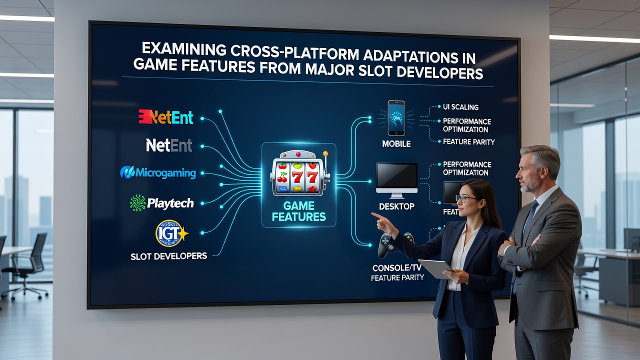 Developers reviewing slot game code and testing feature consistency on multiple device simulators in a studio setting
