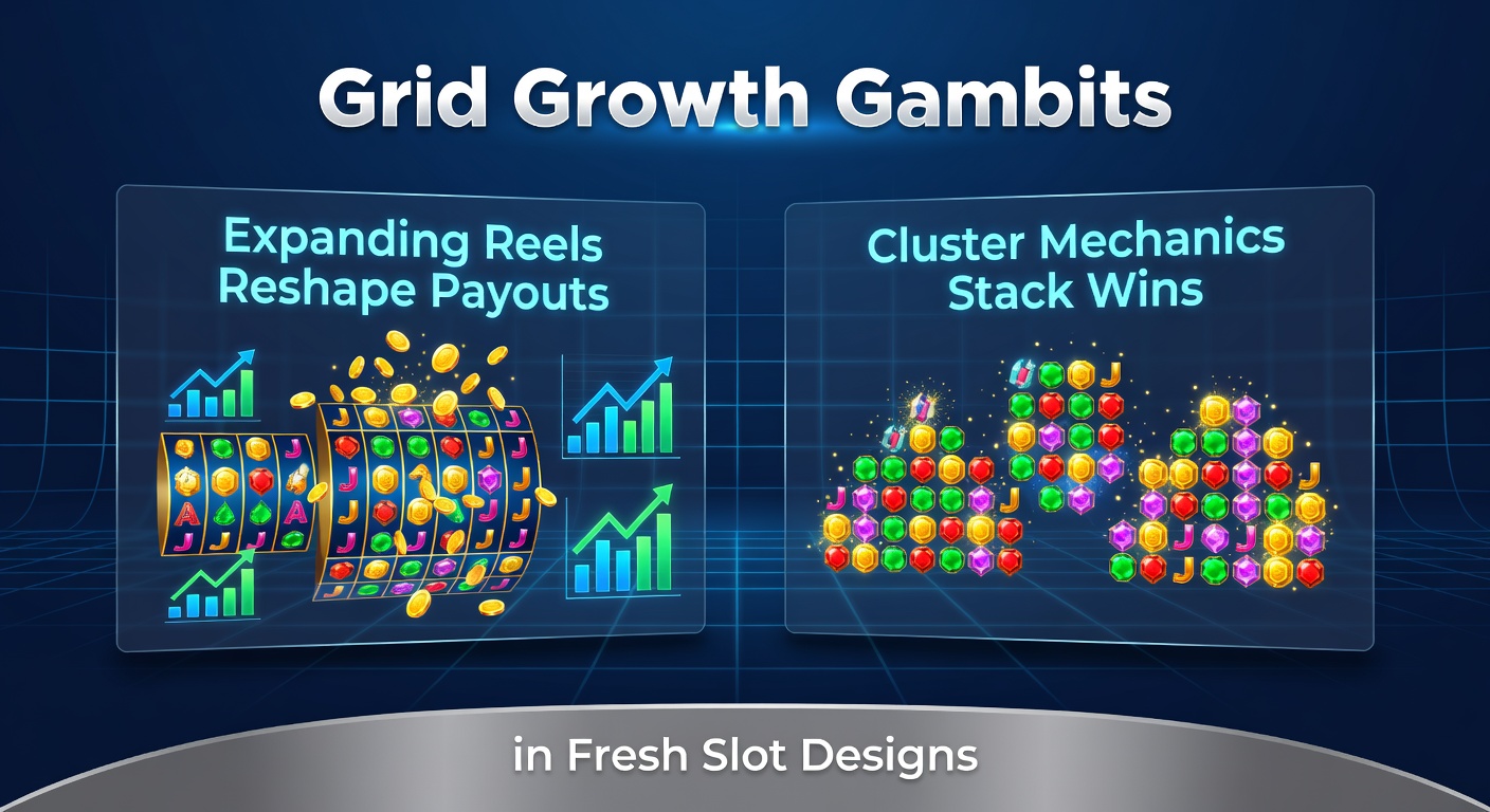 Vibrant slot screen showing expanding grid reels with colorful clusters forming winning combinations