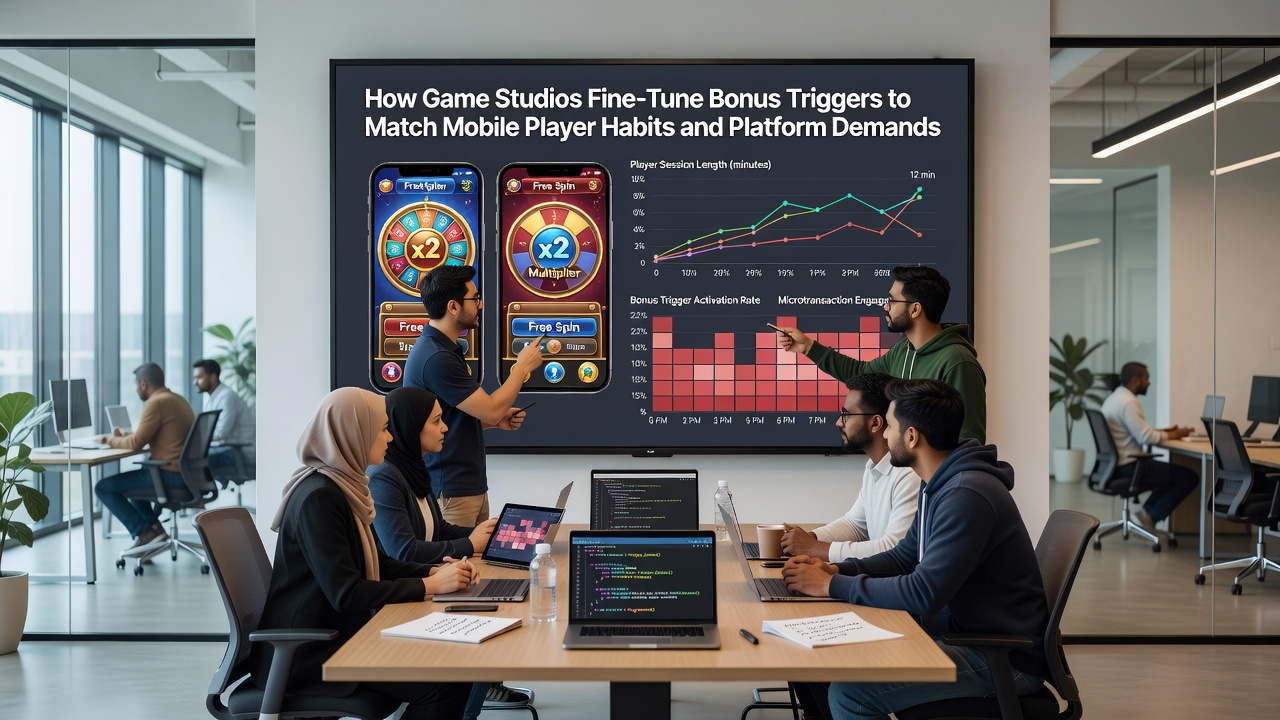 Developers testing mobile slot interfaces on multiple smartphones to verify bonus trigger responsiveness under different network conditions