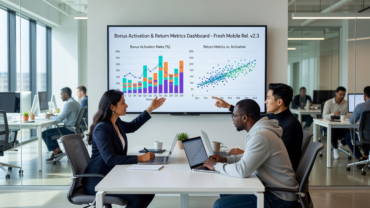 Developers reviewing RTP and bonus activation data on multiple screens during mobile slot testing