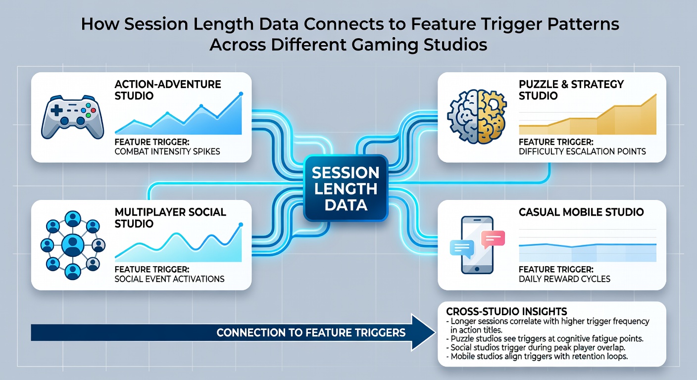 Chart comparing session duration categories with corresponding feature trigger rates from leading gaming studios