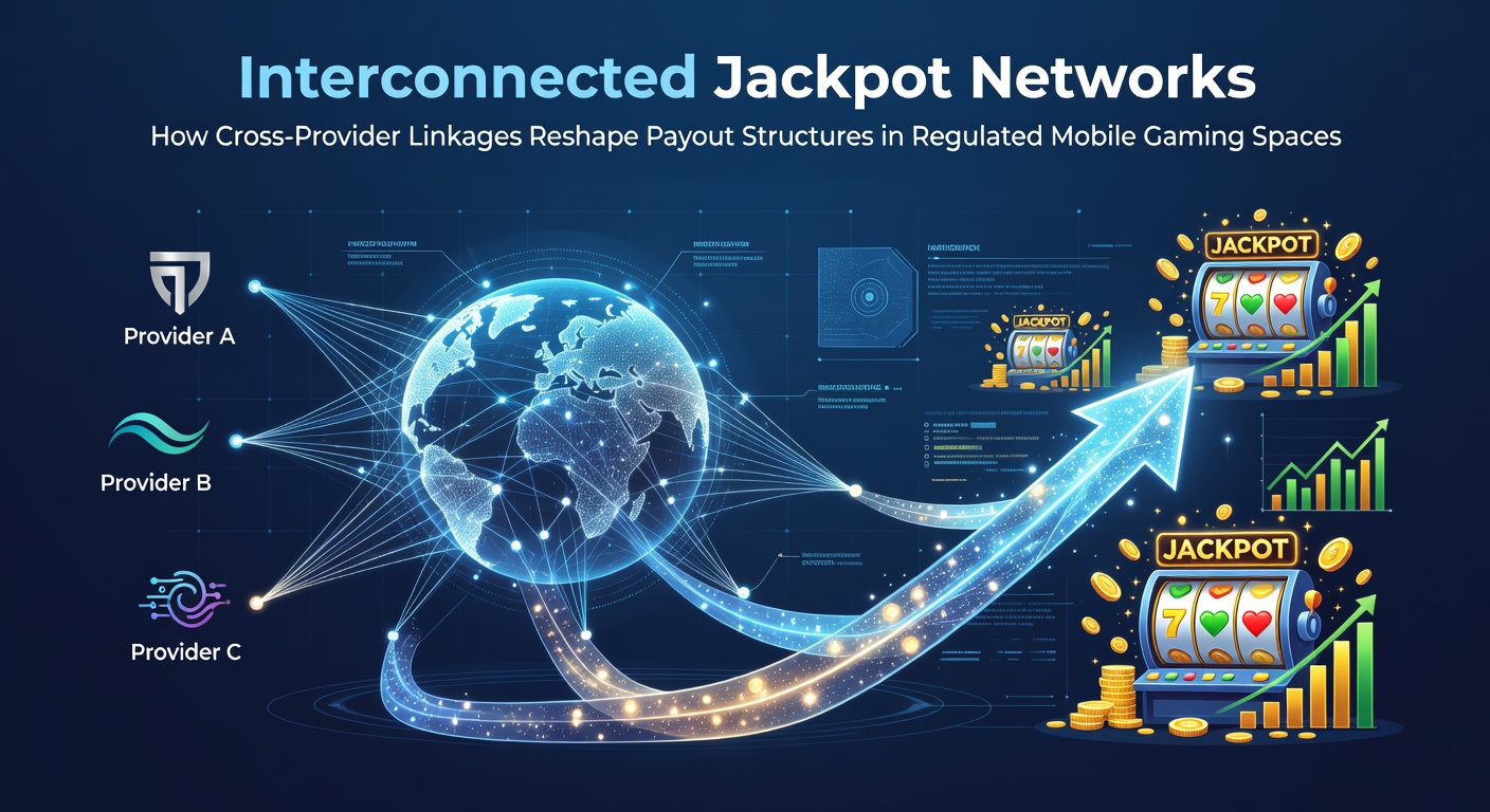 Diagram showing multiple mobile gaming providers connected through a central jackpot network with payout flow indicators