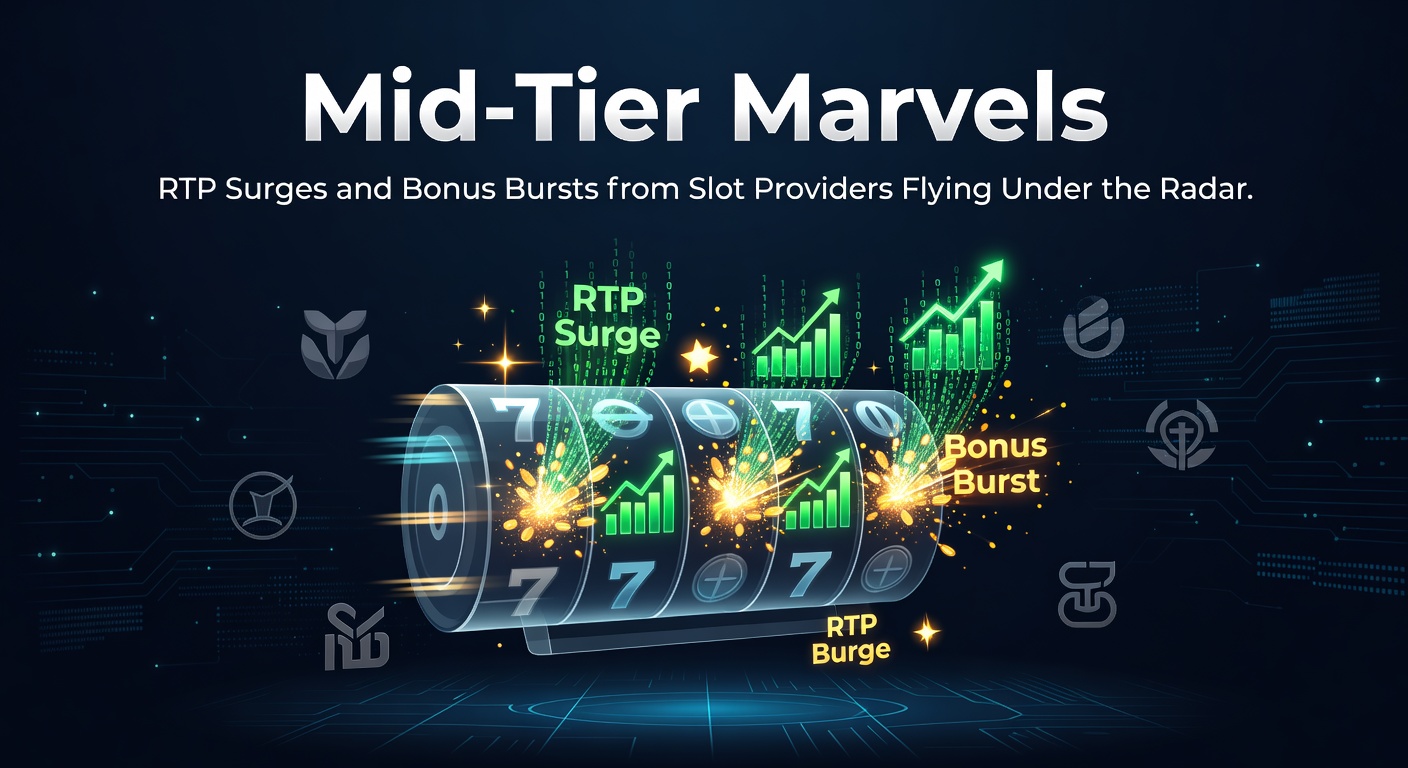 Vibrant slot reels spinning with glowing bonus symbols and rising RTP graphs in the background, highlighting mid-tier providers' innovative designs
