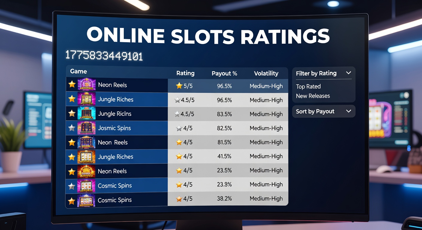 Vibrant online slot machine reels spinning with glowing ratings overlays highlighting RTP percentages and volatility meters