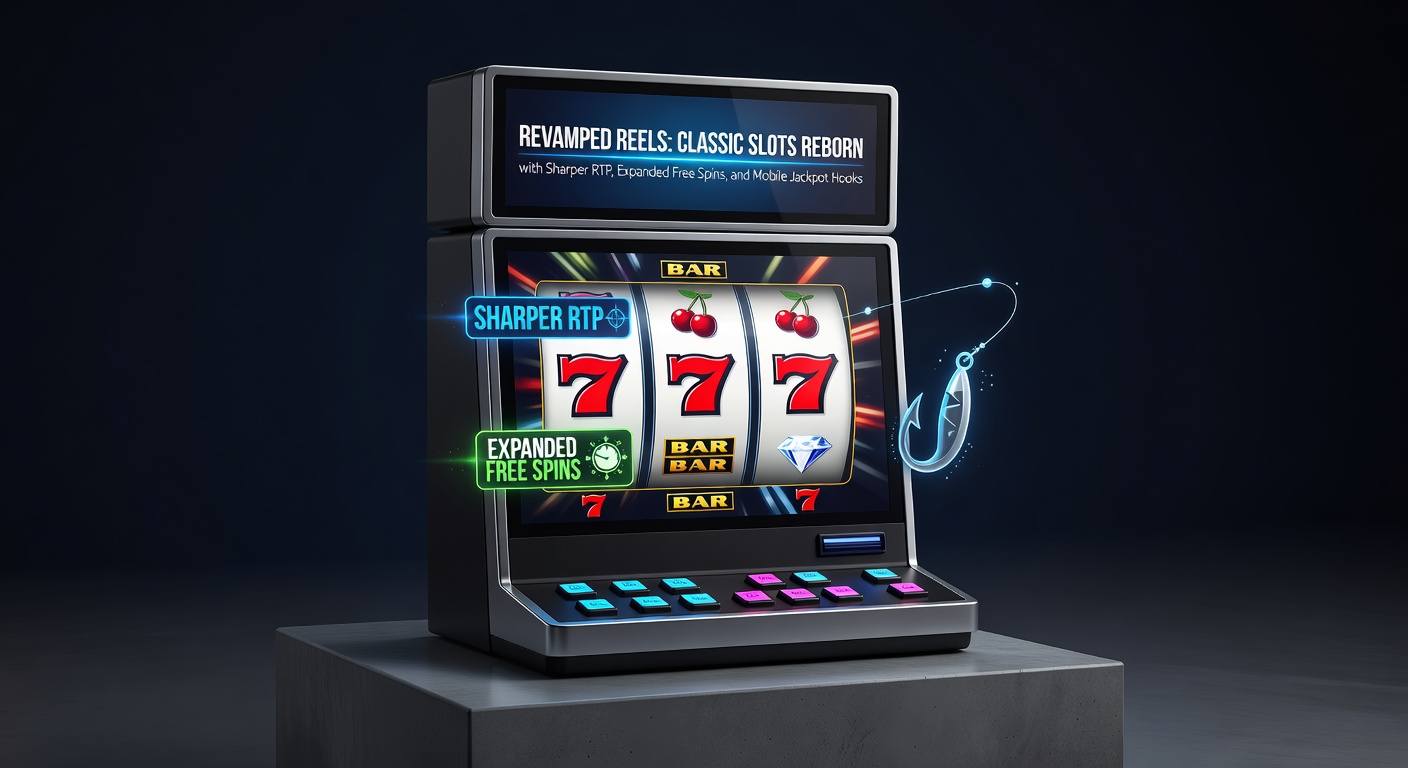 Vibrant classic slot reels spinning with modern jackpot overlays and free spin counters glowing brightly