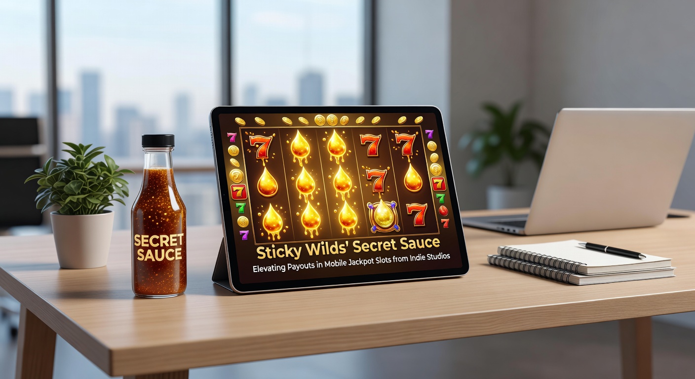 Close-up of indie slot game interface with glowing sticky wilds overlaying jackpot symbols on a smartphone screen, payout lines highlighted